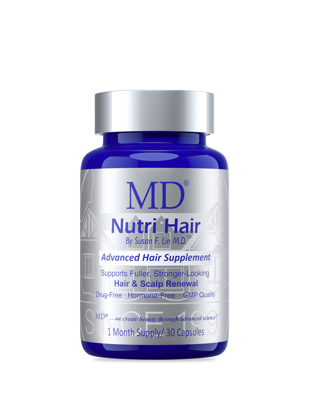 MD Nutri Hair™ — physician-formulated inside-out hair supplement with Type I and Type III marine collagen from wild-caught Norwegian whitefish, biotin, lilac stem-cell extract, and flax seed lignans, by Dr. Susan Lin, M.D.