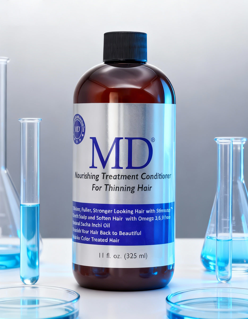 Lifestyle photo of MD® Revitalizing Treatment Conditioner – shown in an elegant bathroom setting, part of the MD Hair system for thinning hair and scalp hydration