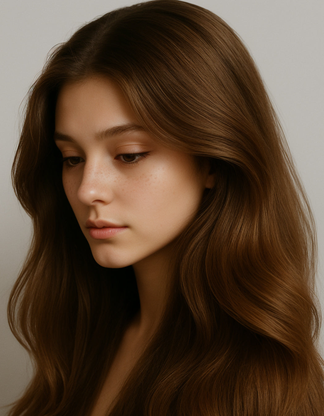 Model with long healthy hair highlighting MD Scalp Essential benefits: healthy scalp, less oil, dry shampoo alternative, and support for thin hair