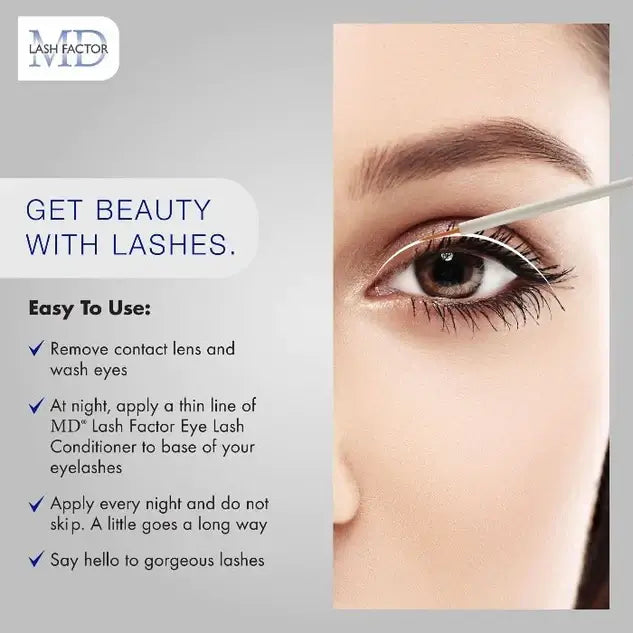 Detailed photo showing MD Lash Factor Eyelash Conditioner applicator wand positioned along the base of upper lashes for precise application – MD Lash