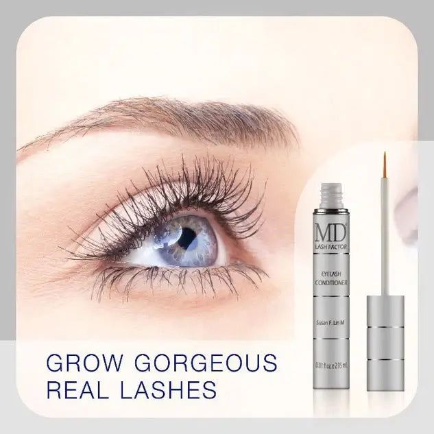 Photo of beautiful eyes and long lashes with MD Lash Factor Eyelash Conditioner and text 'Grow Gorgeous Lashes' – premium lash growth serum by MD Lash