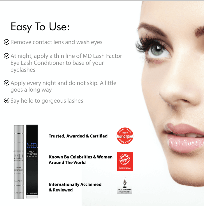 Photo showing MD Lash Factor Eyelash Conditioner with application directions and awards: Product of the Year, LaunchPad, ICMAD – internationally acclaimed, celebrity-favorite lash serum by MD Lash